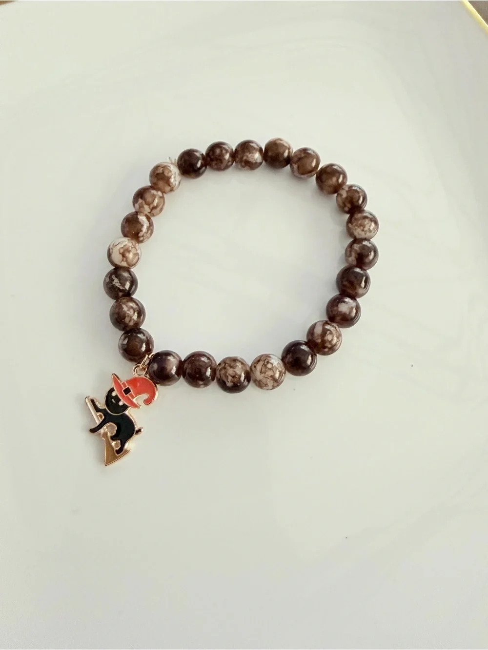 Brown Beaded Charm Bracelet with Witch Cat